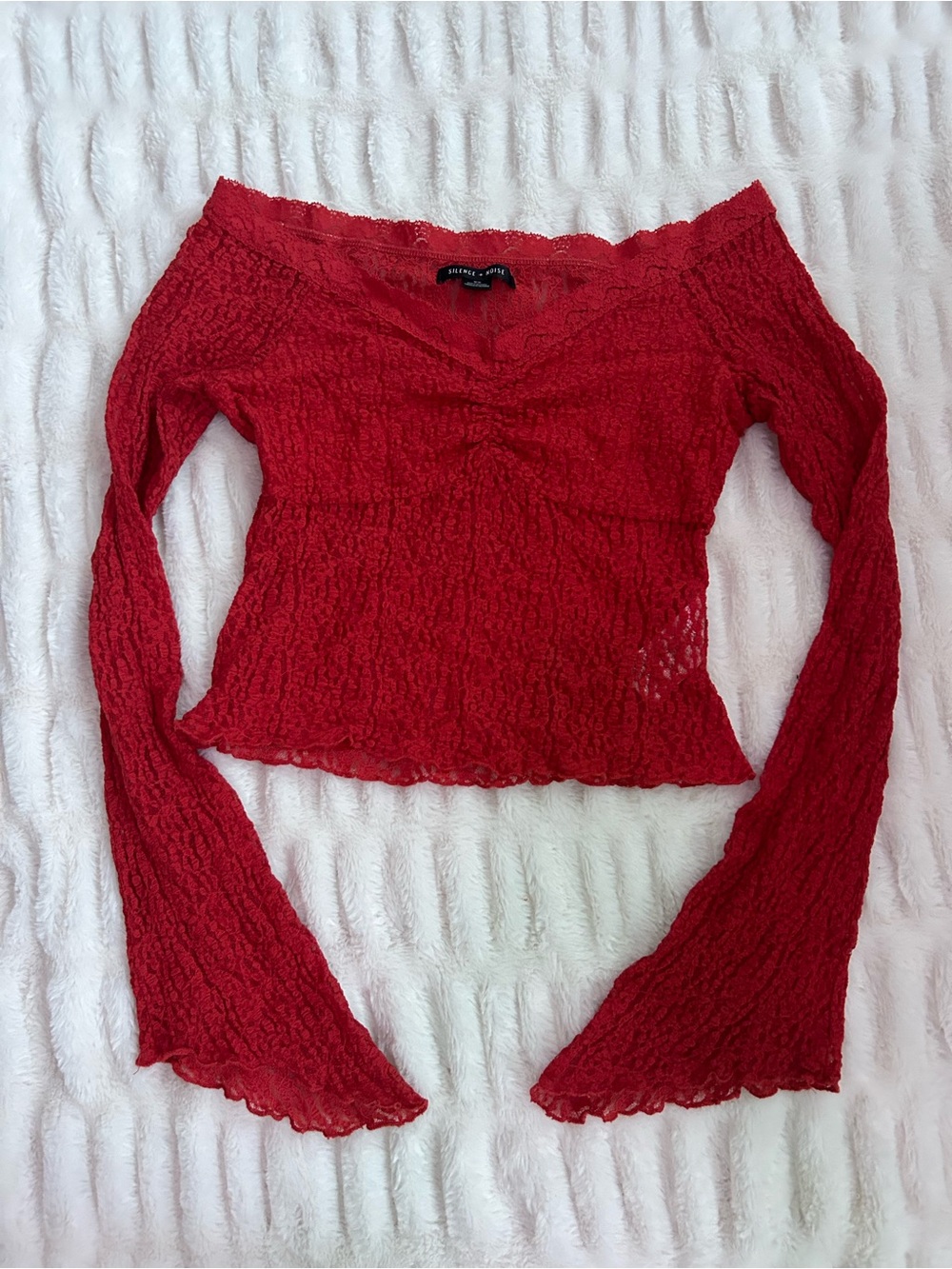 Free People Red Off-Shoulder Lace Long Sleeve Top